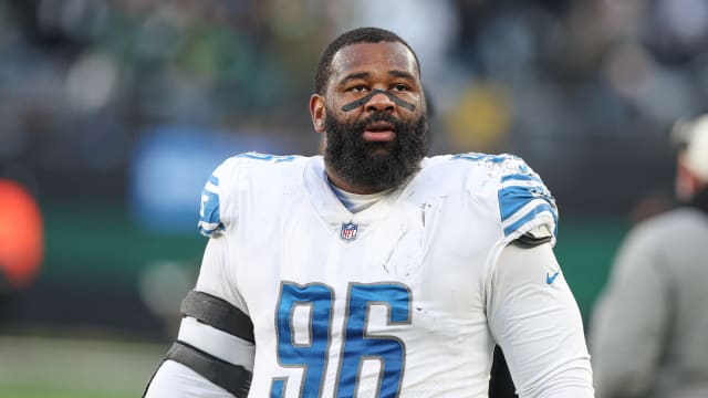 Dec 18, 2022; East Rutherford, New Jersey, USA; Detroit Lions defensive end Isaiah Buggs (96) looks on during the second half against the New York Jets at MetLife Stadium. Mandatory Credit: Vincent Carchietta-USA TODAY Sports  